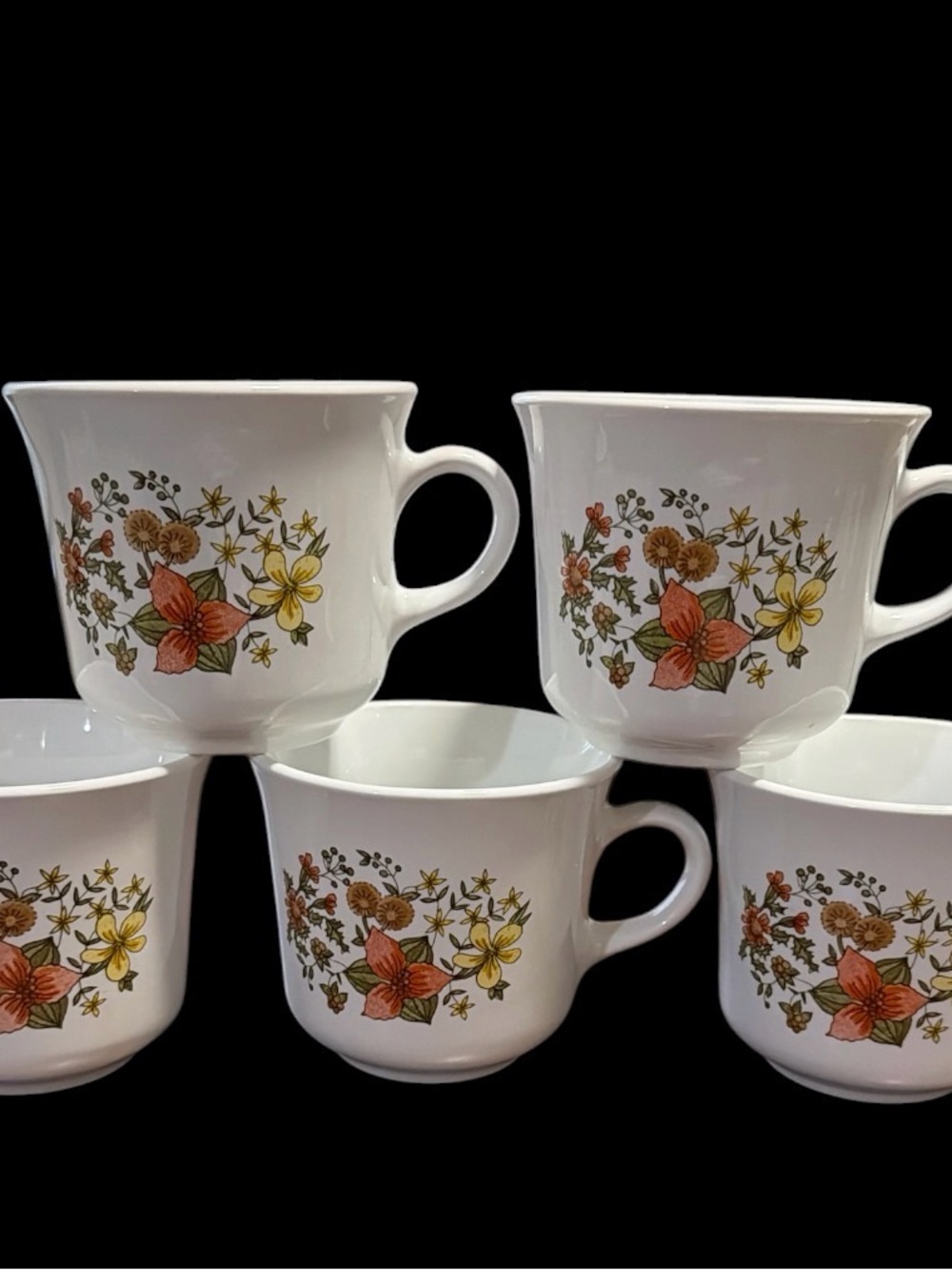 Vintage Corelle Indian Summer Coffee Tea Cups, Set of 5, Retro 1970s Floral
